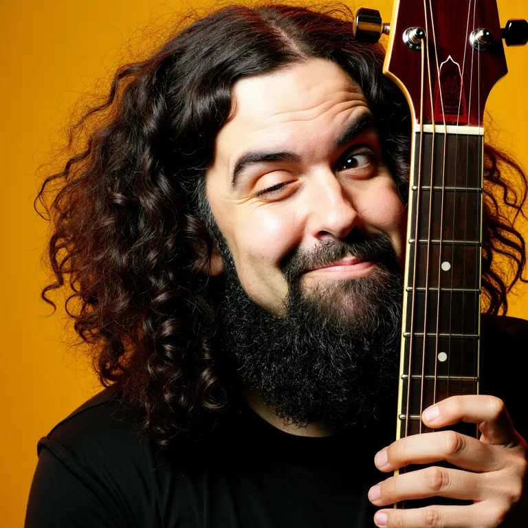 Seb lance un regard amusé, partiellement caché par un manche de guitare