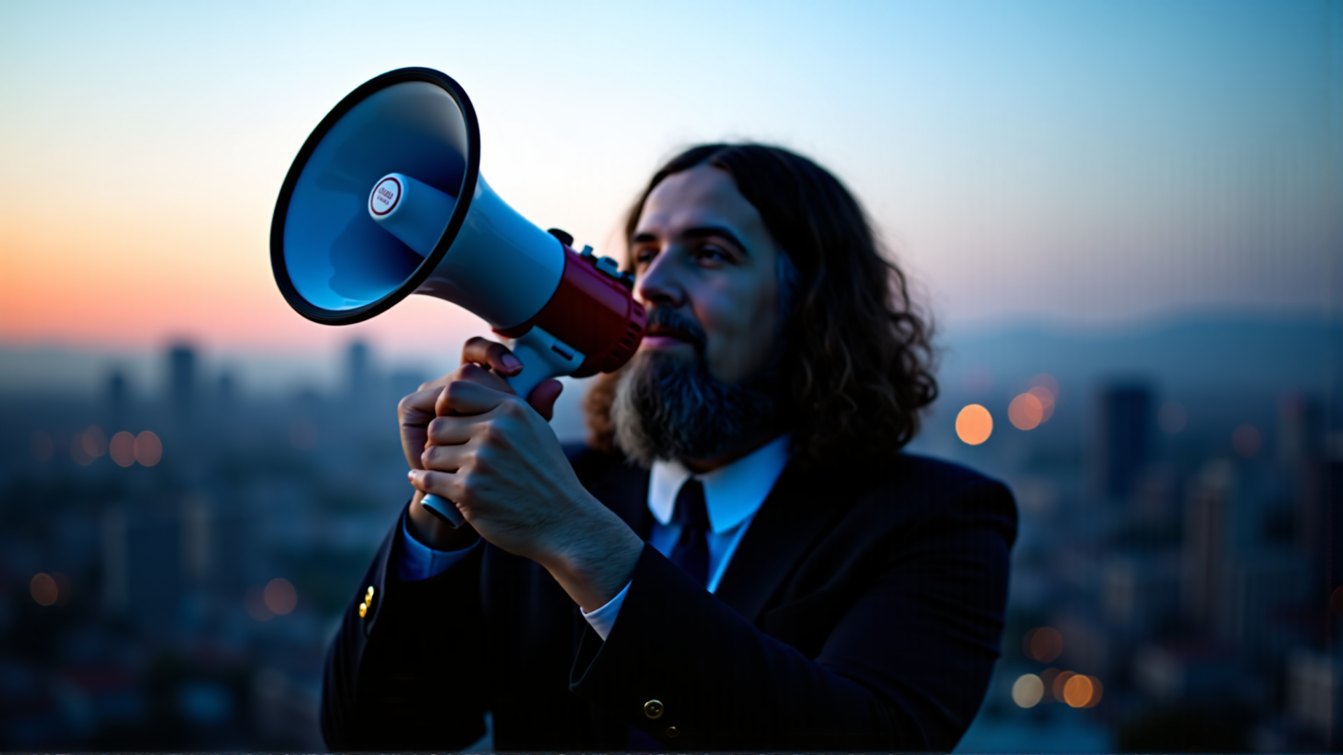 Portrait in red jacket, metallic elevator backdrop